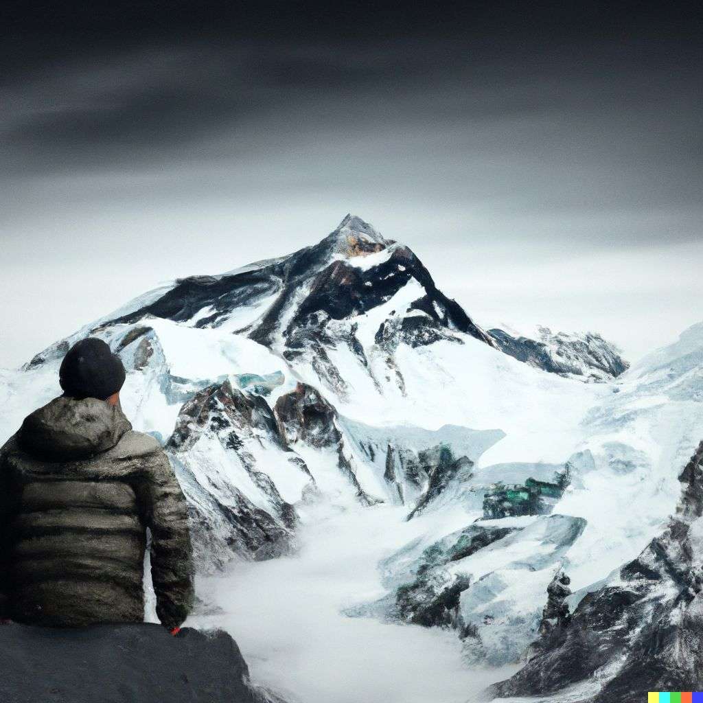 someone gazing at Mount Everest, mixed media